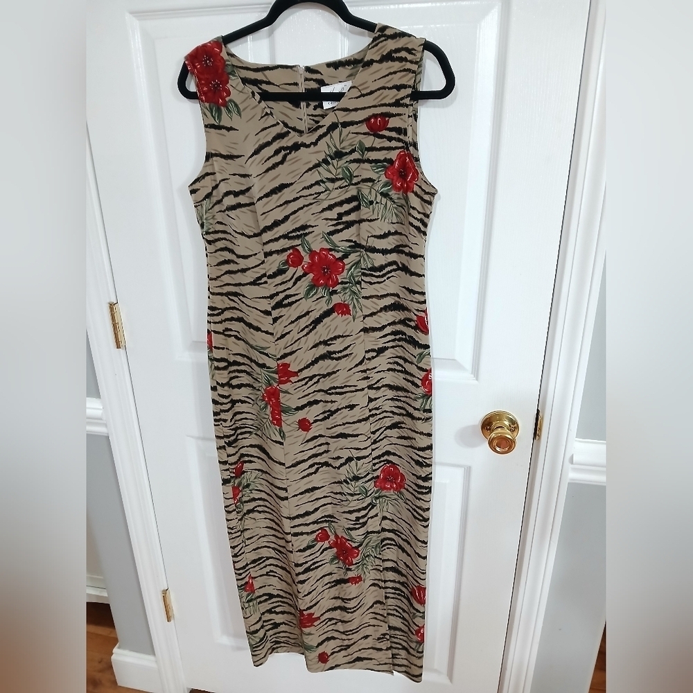 Vintage Zebra Print Sleeveless Dress with Red Floral Accents Midi Cruise Resort